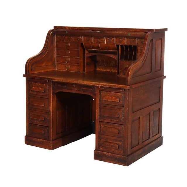 1910s Antique Standard Raised Panel Oak S-Roll Top Desk With Full Interior C1910 For Sale - Image 5 of 10