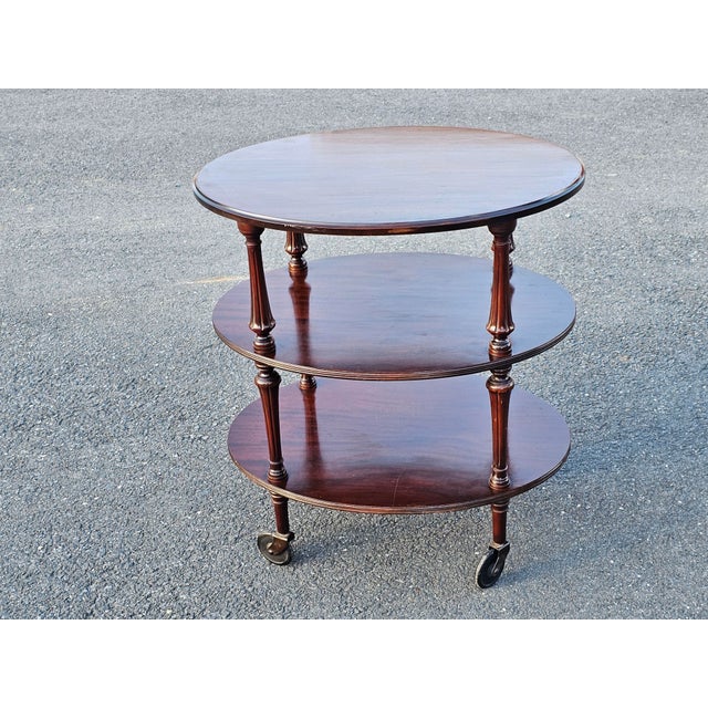 Early 20th Century Mahogany Oval Three-Tiered Rolling Bar Cart For Sale - Image 12 of 13