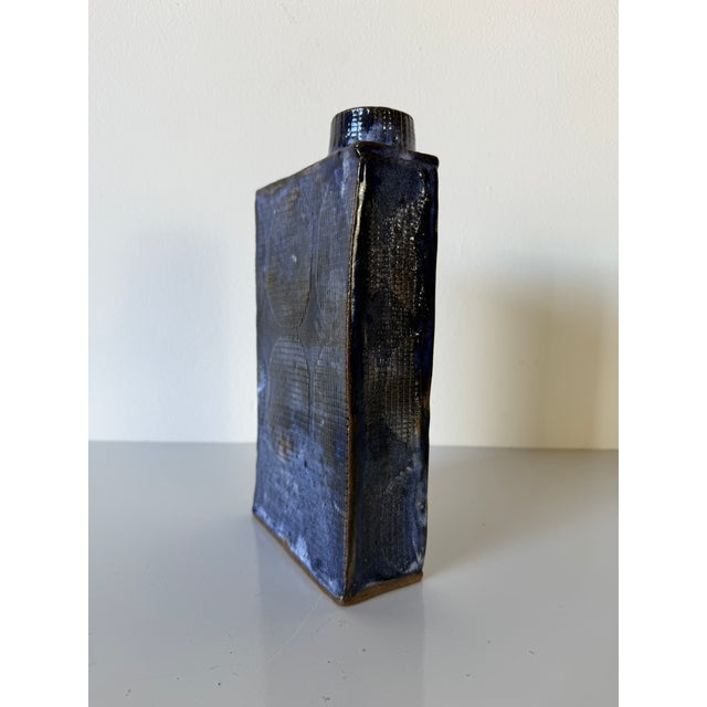 Blue 1989 Vintage Blue Glazed Geometric Bottle-Shaped Studio Pottery Vase, Signed For Sale - Image 8 of 12