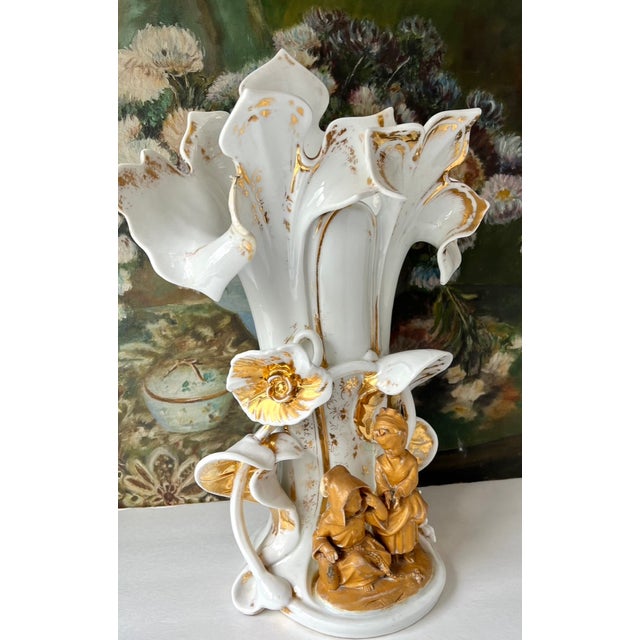 Gorgeous extra large gilt porcelain old Paris spill vase with charming figural scene. Imagine long stems of Calla Lilies,...