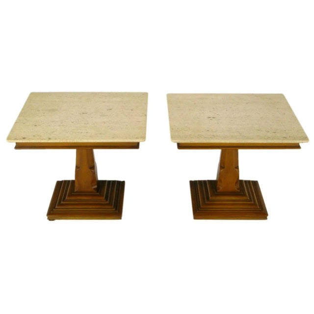 Brown Spanish Revival Maple and Portuguese Travertine Side Tables - a Pair For Sale - Image 8 of 8