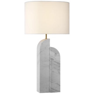 Kelly Wearstler for Visual Comfort Signature Savoye Large Right Table Lamp in White Marble with Linen Shade For Sale