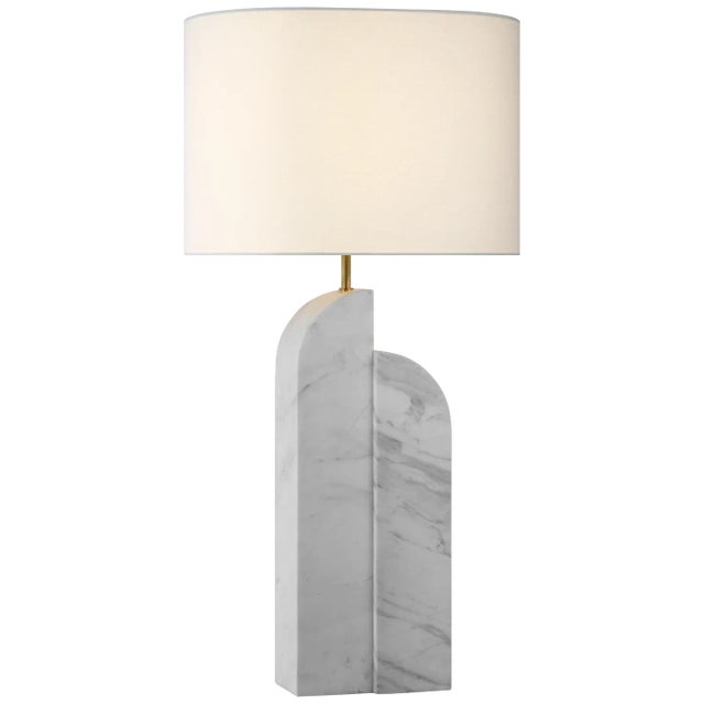 Kelly Wearstler for Visual Comfort Signature Savoye Large Right Table Lamp in White Marble with Linen Shade For Sale