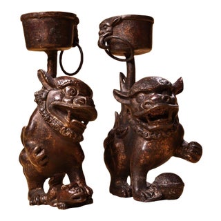 Pair of Antique Chinese Gilt Bronze Foo Dog Candle Holders With Ring Handles For Sale