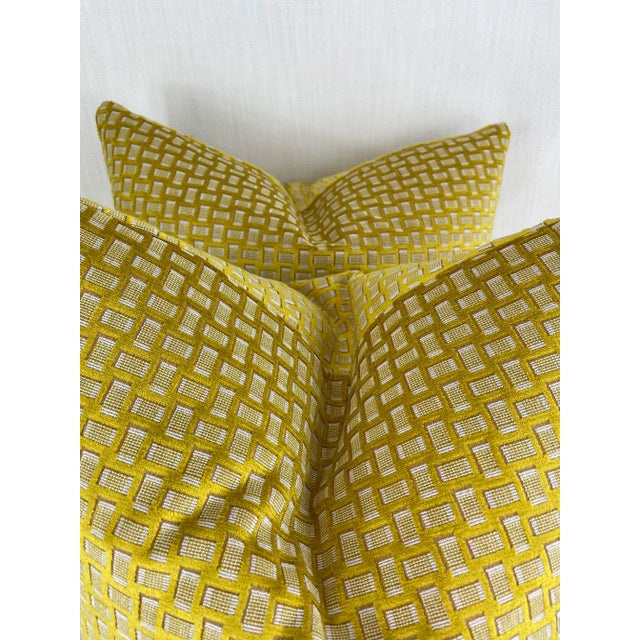 Transitional Bright Gold Geometric Cut Velvet 22” Pillows-A Pair For Sale - Image 3 of 5