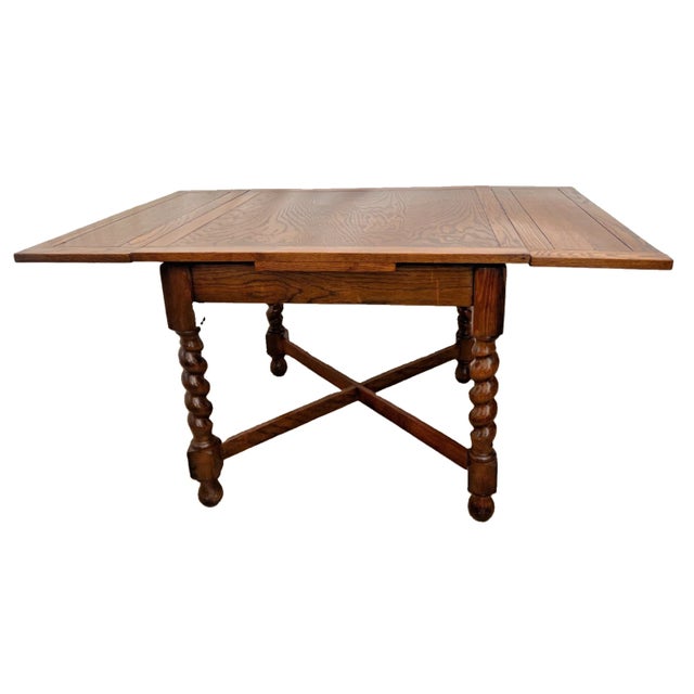 1920s Antique Expanding Pub Kitchen Table Barley Twist Legs English Tiger Oak For Sale - Image 5 of 13