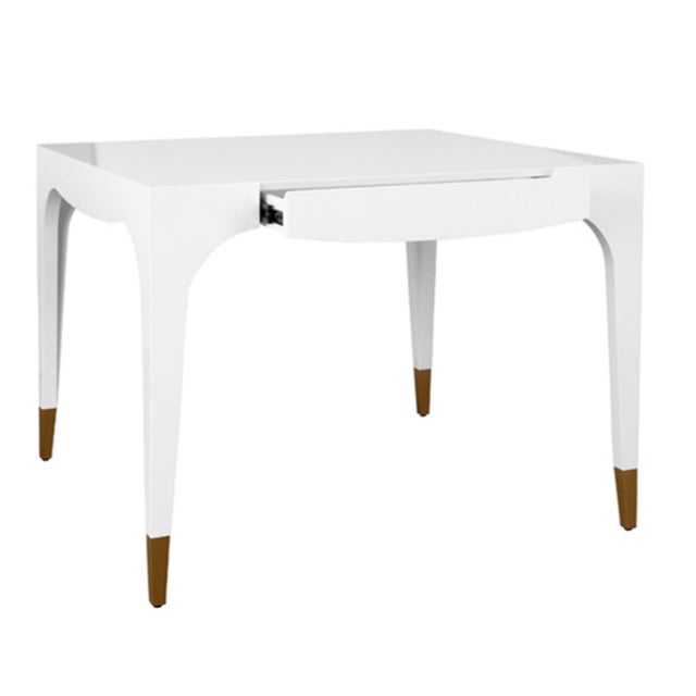 Contemporary Matthew Izzo Home Lacey White Lacquer Two Drawer Game Table With Antique Brass Foot Caps For Sale - Image 3 of 8