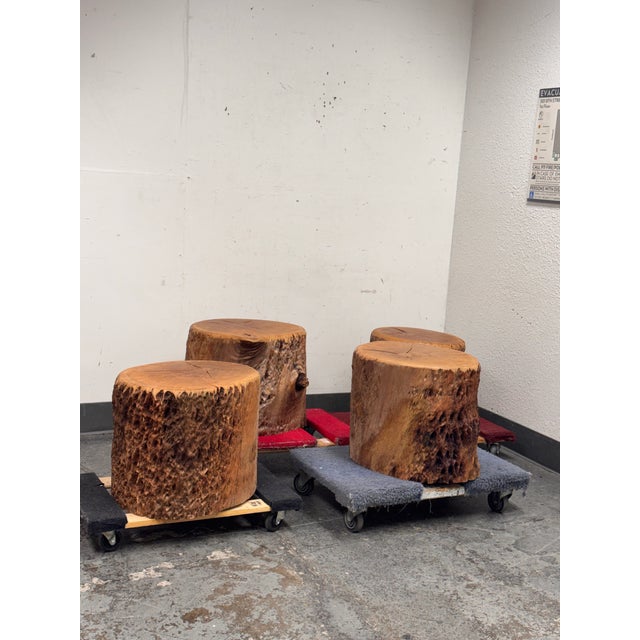 Design Plus Gallery presents a Set of Four Round Live Edge Tree Side Tables. These stools are from a solid section of tree...