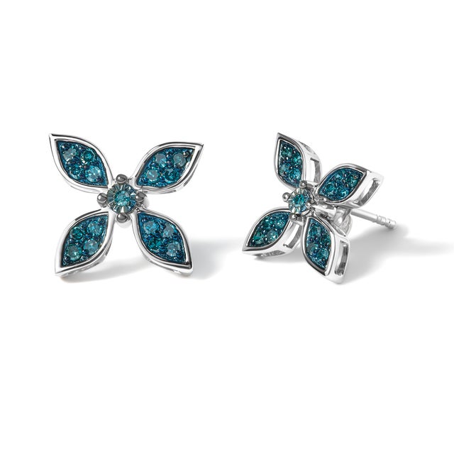 Contemporary .925 Sterling Silver 1/3 Cttw Blue Diamond Floral Earrings, Pair For Sale - Image 3 of 4