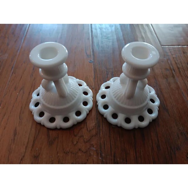 Glass Vintage Fenton Milk Glass Pedestal Candle Holders- a Pair For Sale - Image 7 of 7