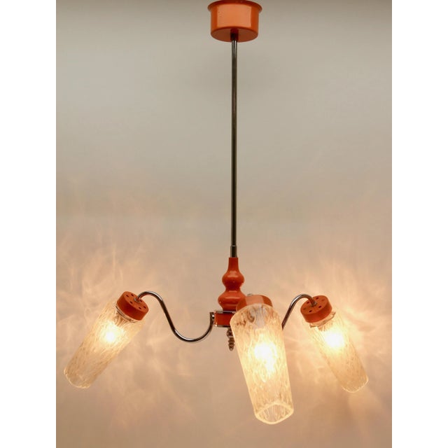 1960s 3-Arm Hanging Lamp in Tangerine, Chrome and Wood with Optical Shades, 1960s For Sale - Image 5 of 9