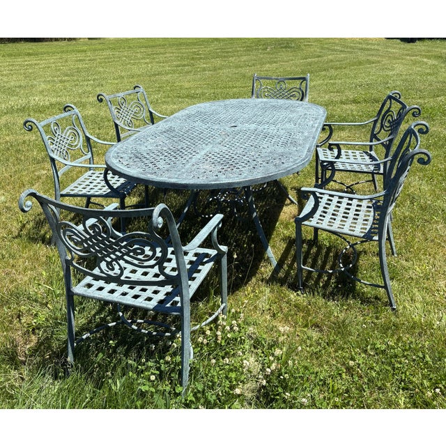 Handsome Cast Aluminum Garden Table With Six Chairs For Sale - Image 11 of 11