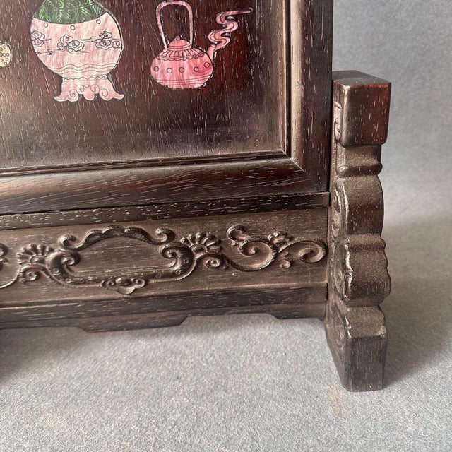 Vintage Chinese Rosewood Table Screen With Mother of Pearl "Antiques" Inlay For Sale - Image 4 of 9