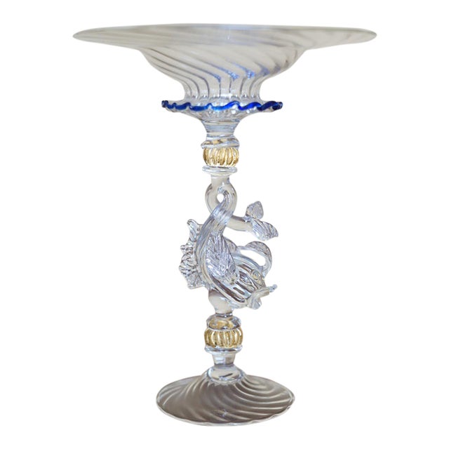 Vintage Venetian Murano-Style Dolphin Stem Glass Compote With Cobalt Rim For Sale