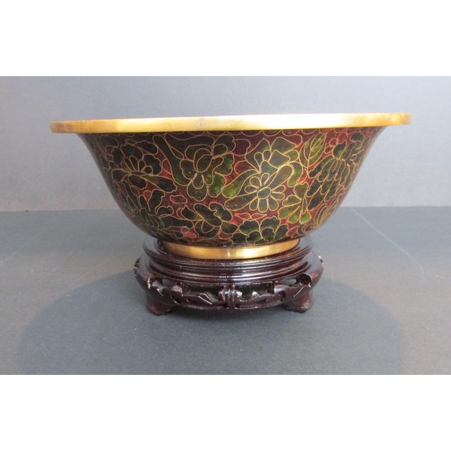 Vintage 1970s Chinese Cloissone Ware brass and enamel decorative floral design bowl in somewhat rare dark green and...