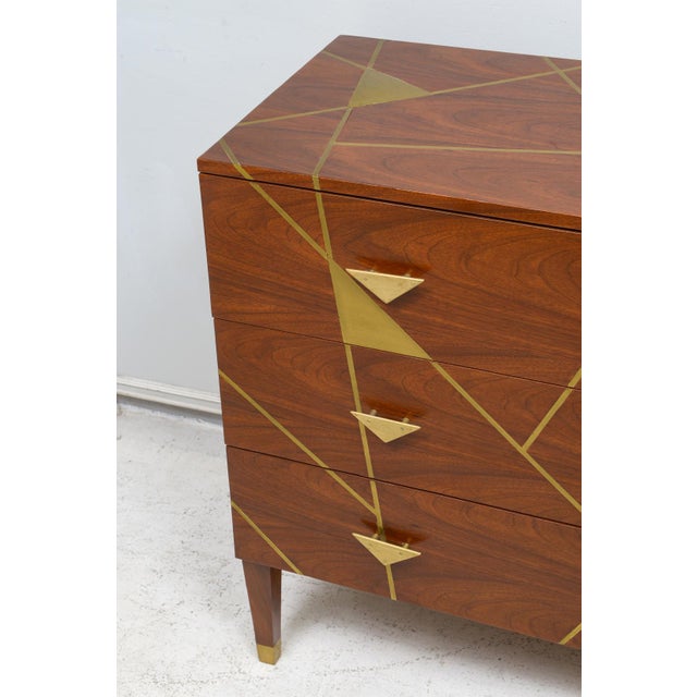 Unusual Brass- Inlaid Mahogany Chest With Geometric Pattern and Bronze Pulls For Sale - Image 4 of 7