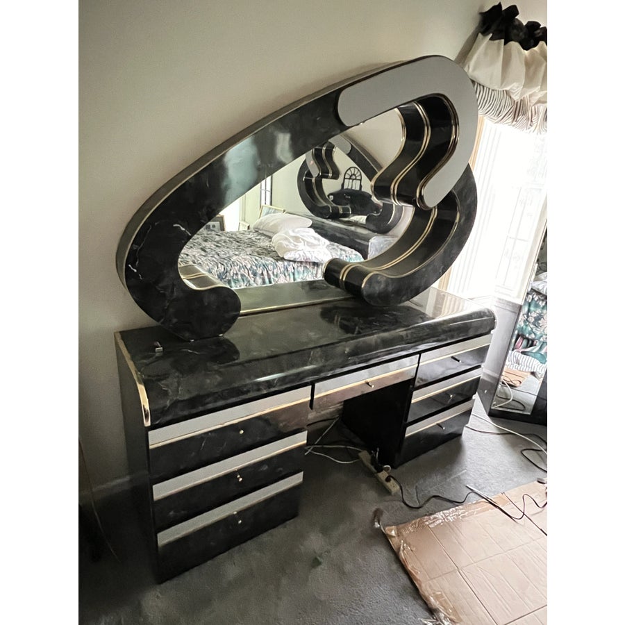 1980 Faux Marble Heart Black Laminate Mirror Vanity Dresser | Chairish