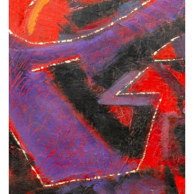 Kay McKay (American, XX), "Abstract with Red Seven White Lines", Oil on Cheesecloth Mounted on Canvas, 1986-87, signed and...