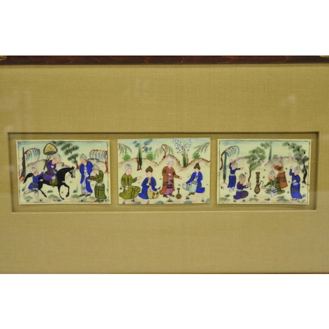 Vintage Persian Miniature Framed Hand Painted 3 Part Village Scene on Bone. Circa Mid 20th Century. Measurements: 10" H x...