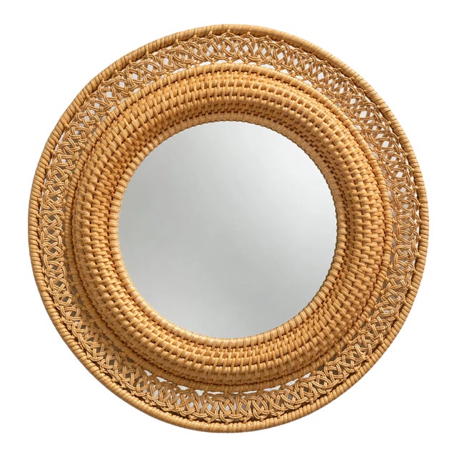 Vintage Round Handwoven Rattan Mirror With Openwork Knot Motif - 14"diameter Mirror For Sale