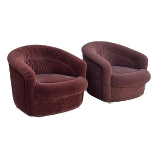Pair of Vintage 1970s Chocolate Brown Velvet Barrel Club Chairs With Ruched Backs For Sale