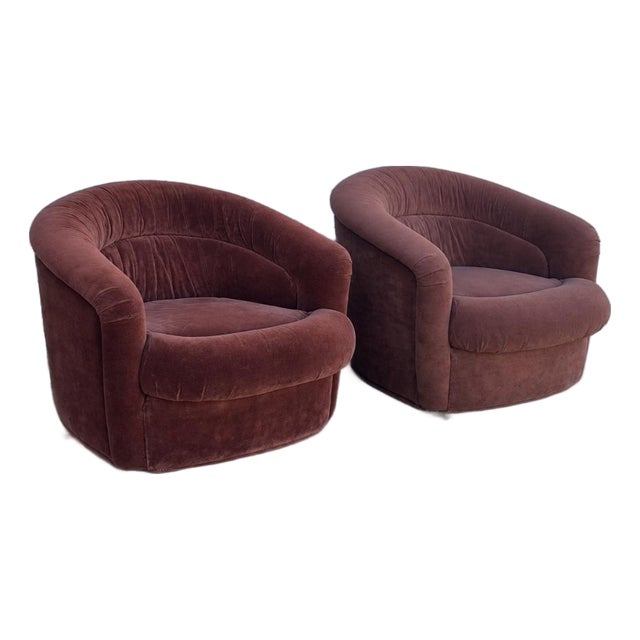 Pair of Vintage 1970s Chocolate Brown Velvet Barrel Club Chairs With Ruched Backs For Sale