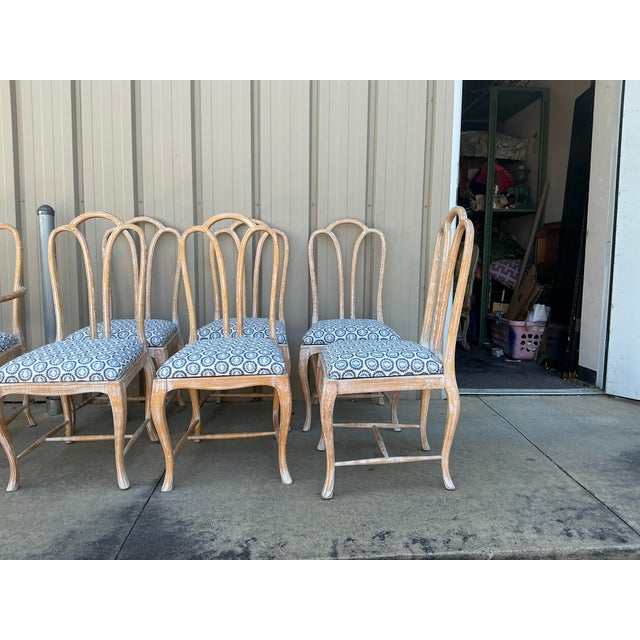 Gustavian Style Cerused Dining Chairs in New Blue & White Linen Set of 8 For Sale - Image 11 of 15