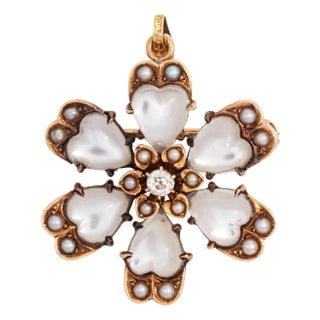 Late 19th Century Antique Victorian Moonstone Flower Pendant Diamond 14k Yellow Gold Pearl Heart For Sale