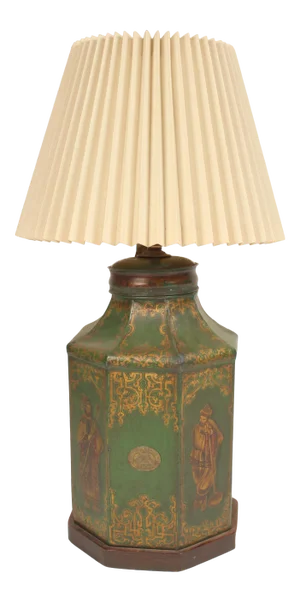 Antique Tole Green and Gilt Decorated Tea Canister Lamp