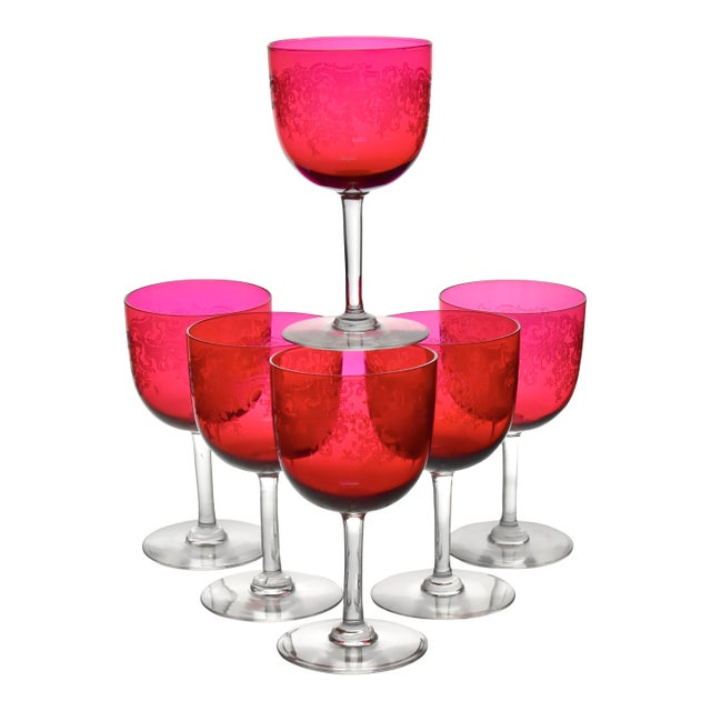 Early 20th Century Art Nouveau Etched Fuchsia Crystal Goblets Set of 6 For Sale