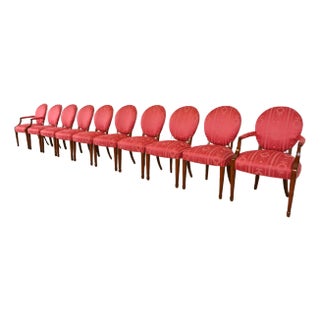Baker Furniture Style French Regency Louis XVI Carved Mahogany Upholstered Dining Chairs, Set of Ten For Sale