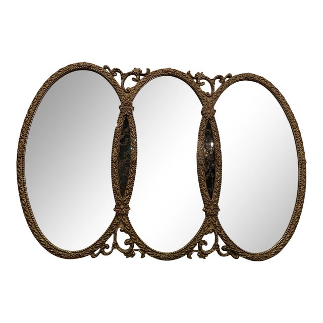 Vintage Mid Century Hollywood Regency Rococo Triple Ring Gilded Wood Mirror For Sale