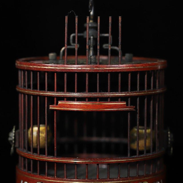 Mid 20th Century Vintage Chinese Hardwood Inlaid Cricket Cage With Bronze Hook and Feeder For Sale - Image 5 of 9