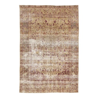 Antique Kerman Rug With Distressed Gold & Mulberry Floral Motif For Sale