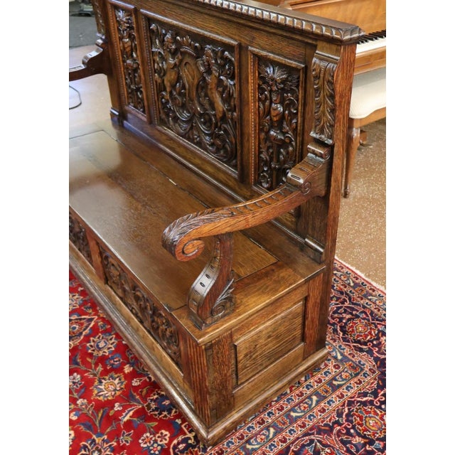 Wood Late 19th Century English Victorian Oak Hall Seat Settee Bench For Sale - Image 7 of 18