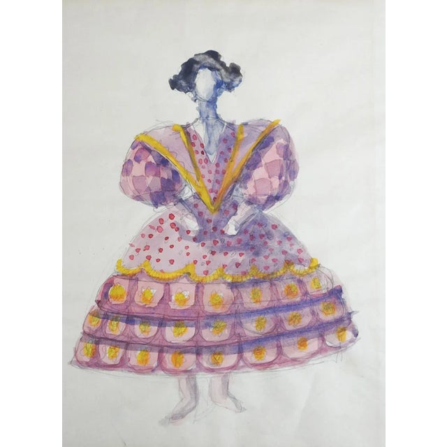 English Vintage Mid 20th Century Theater Costume Design Paintings in Purple - a Pair For Sale - Image 3 of 5