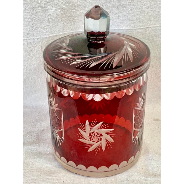Vintage Red Bohemian Cut Glass Lidded Biscuit Jar For Sale - Image 10 of 13