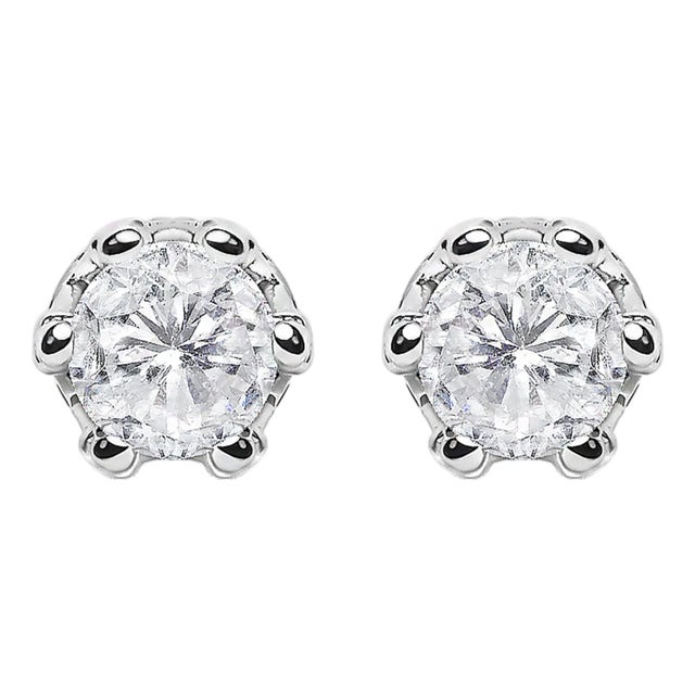 14K White Gold 2.0 Cttw Round Cut Prong-Set Diamond Crown Stud Earring (I-J Color, I1-I2 Clarity) For Sale