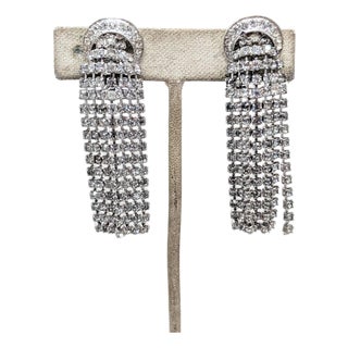 Vintage 1960s Signed Napier Rhodium Plated Clear Rhinestone Chandelier Clip Earrings- 2 Pieces For Sale
