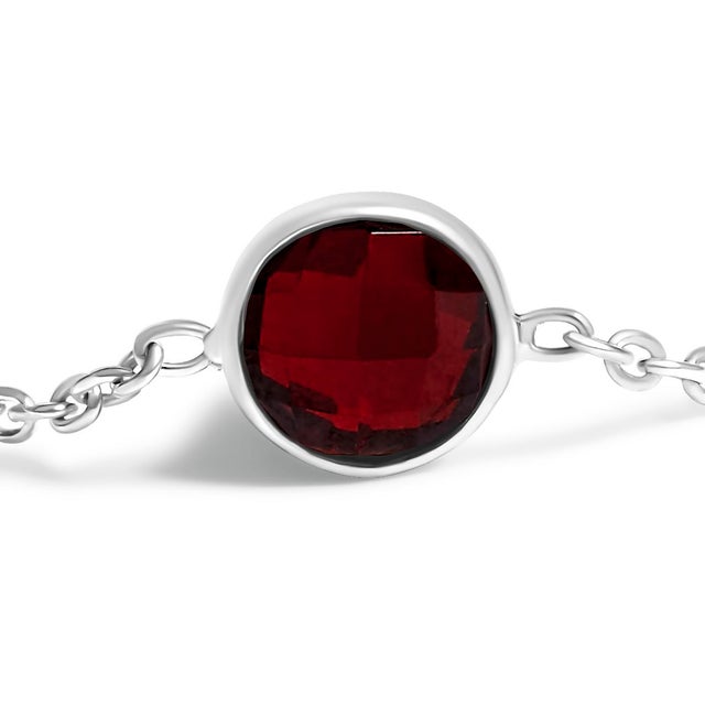Contemporary .925 Sterling Silver Checkerboard Cut Red Garnet Bezel Station Necklace - 22" Inches For Sale - Image 3 of 5