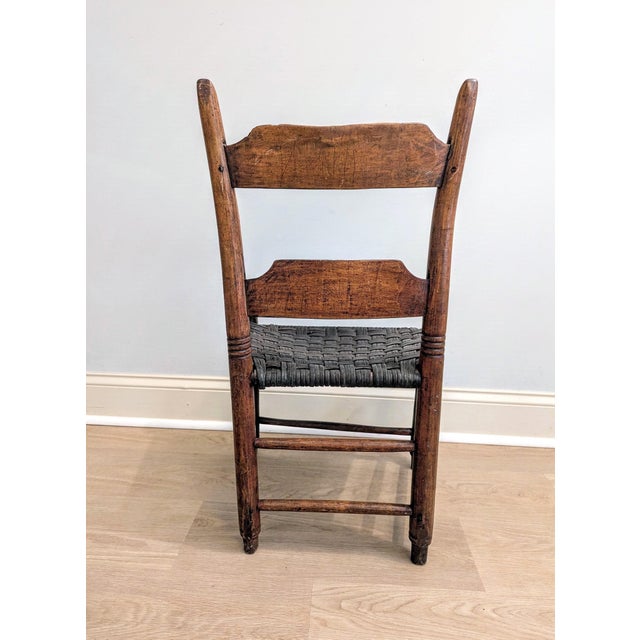 American 19th Century Early American Primitive Child's Ladderback Chair With Woven Leather Seat For Sale - Image 3 of 14
