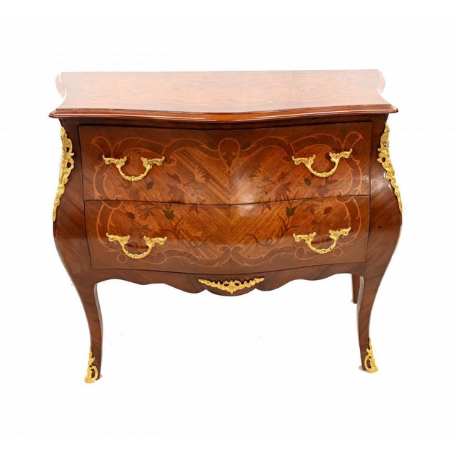 Cool French commode of bombe form Features intricate marquetry inlay work with floral motifs French Empire style with two...