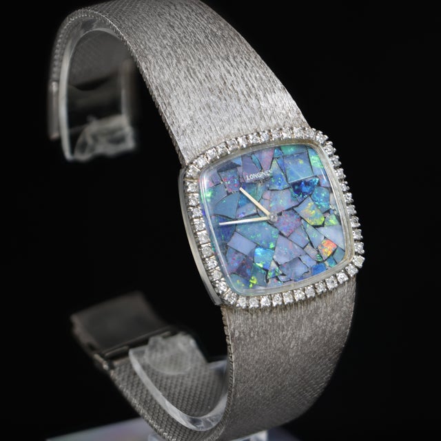 Vintage Longines Opal Mosaic Dial 34mm Diamond Bezel 18k White Gold Watch For Sale - Image 11 of 14