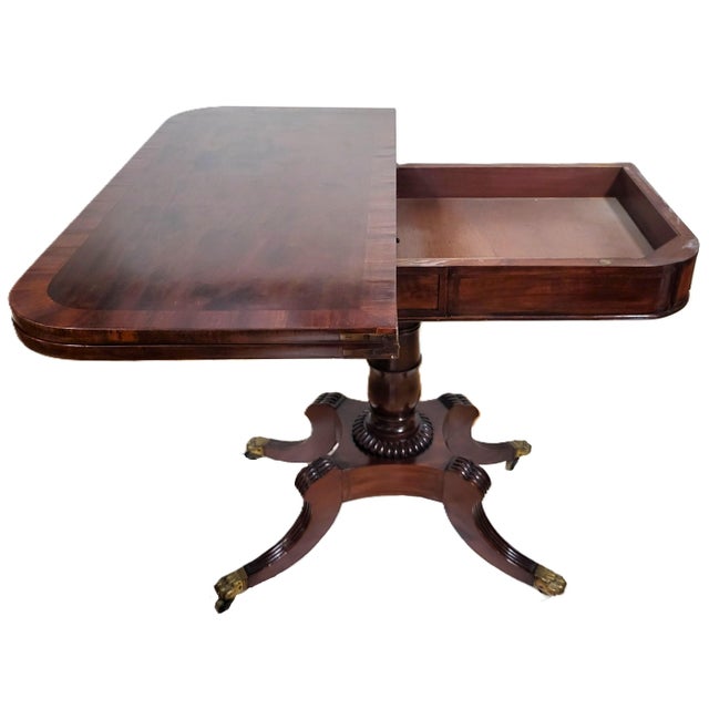 Antique American 19th C Regency Mahogany Flip Top Leather Game Table & Console For Sale - Image 9 of 18
