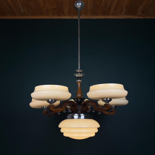 Large Art Deco Chandelier in Glass, Metal, and Wood, Italy, 1950s For Sale - Image 15 of 18