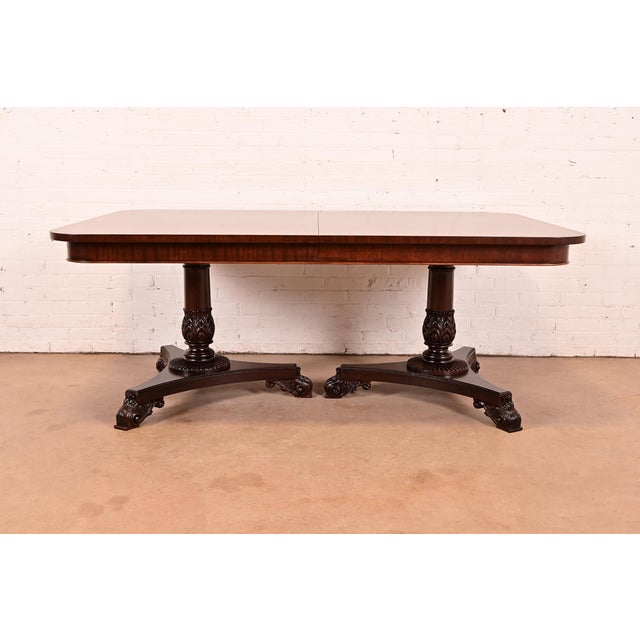 Baker Furniture Regency Banded Mahogany Double Pedestal Extension Dining Table, Newly Refinished For Sale - Image 10 of 17