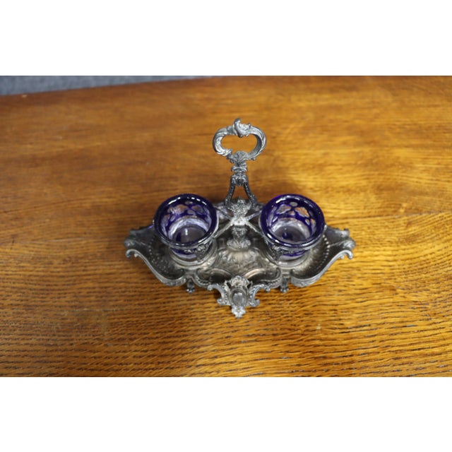 Late 19th Century Double Salt Cellar With Cobalt Blue Glass Liners, Rococo Revival For Sale - Image 4 of 13