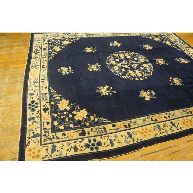 Textile 1920s Classic Floral Medallion Navy Blue Background Antique Chinese Peking Rug For Sale - Image 7 of 10