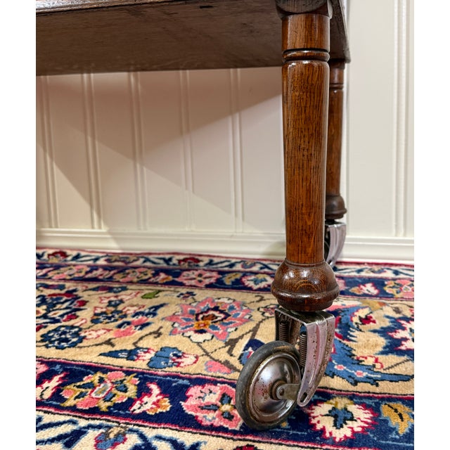 Antique English Trolley Tea Cart Pastry Cocktail Bar Cart Tray Tudor Oak 1930s 2 For Sale - Image 10 of 18