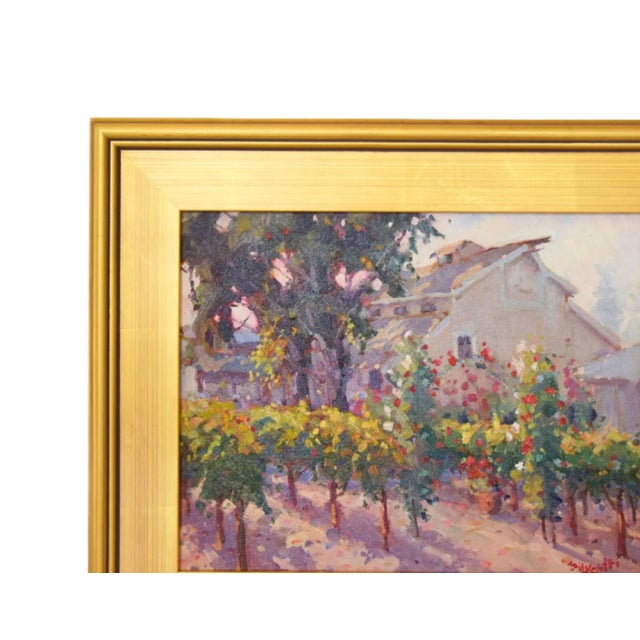 Farm barn & grapevines oil painting on artist canvas panel by listed artist Silvio Silvestri (1948-2018.) Silvestri was a...